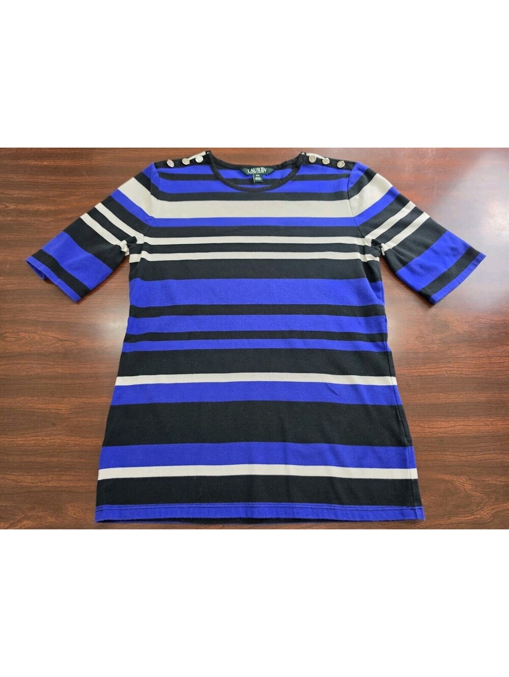 Lauren Ralph Lauren PM Blue Black Striped Boatneck Button Accent Parisian Chic
